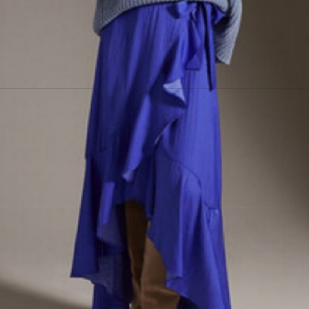 Anthropologie Elegant Blue Silky Wrap‎ Skirt Asymmetrical Ruffle Hem Peasant - Picture 4 of 16
